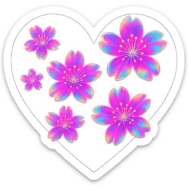 goth sakura heart, rainbow holographic style, black heart with iridescent pink sakura, vibrant and futuristic sticker
