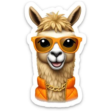 llama wearing an orange puffer vest and sun glasses gold chain sticker