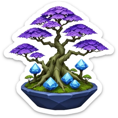 Futuristic wild glowing alien moss maples Bonsai hair-fine-leaf group multi faceted intricate crystal boxwood purple rose blue informal rocky cliffhanger eight trees forest planting in shallow origami slab style pot with big anthropomorphic feet  sticker