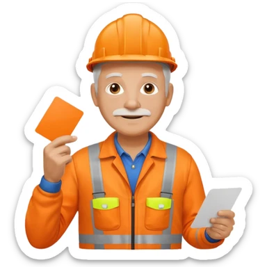 older engineer hi-vis orange overalls full body holding a card sticker