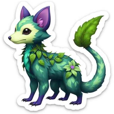 Realistic Sharp mossy elemental ivy floral detailed Colorful translucent luminescent glowing Trico-Noibat-batty-Sergal-Furret-Ferret-Wolverine-Vernid-furry-fursona-fusion-Fakemon-animal-hybrid-creature, full body sticker