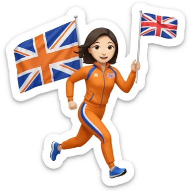 asian woman in orange sport suit and holding uk flag in one hand, running sticker