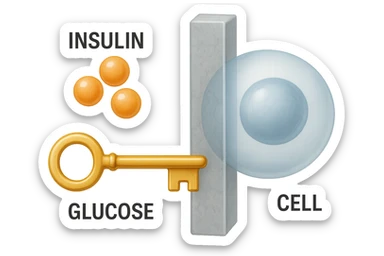 symbolic icon of insulin resistance, no background, 2:3 aspect ratio, representing insulin, glucose, and a barrier preventing entry into cells, realistic style sticker