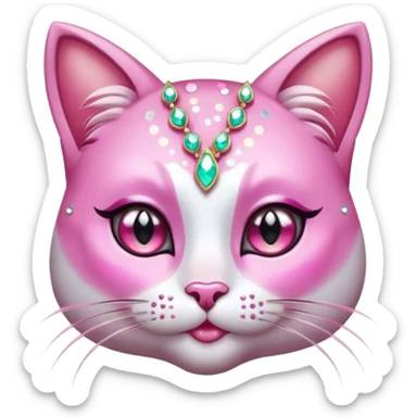 glamorous cat portrait, head and shoulders only, exaggerated pink makeup, bright eyeshadow, long eyelashes, shiny blush cheeks, sparkling face gems, glitter accents, elegant earrings, fantasy beauty style, cute 3D cartoon, mobile game icon style, clean background, no text, no watermark
 sticker