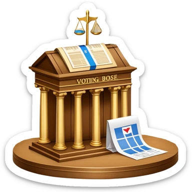 An icon featuring a ballot box with a voting paper, a government building with columns, and a scale of justice, symbolizing political science. The design includes a world map in the background, representing global political systems. Transparent background highlights governance and civic studies. sticker