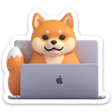 rounded 3D cartoon Shiba Inu mascot named Horus with tan orange fur, peeking over a glowing silver MacBook laptop with glowing screen, dog looks calm and focused, modern Apple emoji style, soft shadows, glossy, tight framing, white or transparent background sticker