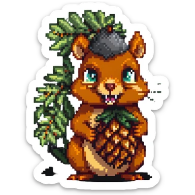 Greedy squirrel with big pine cone on head, weird creepy expression, hungry looking sticker
