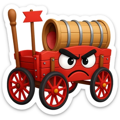 Make the goofy wagon look angrier with cartoon eyes narrowed and a frowning mouth, but still silly. Preserve transparent background. sticker