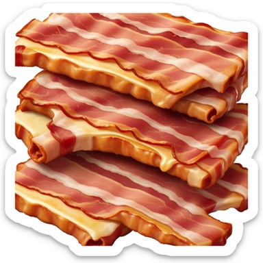 Cinematic crispy sizzling bacon, slightly curled, golden-brown with a perfect crunch, glistening with rich flavor, deep warm tones, served on a breakfast plate, comforting and indulgent. sticker