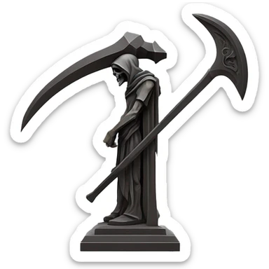 Stone sculpture Reaper scythe with a geometric, faceted design. The scythe is standing upright on a base with angular and baroque features. The vibrant midtone subtlety of dark neutrals highlights the sharp edges and planes.  sticker