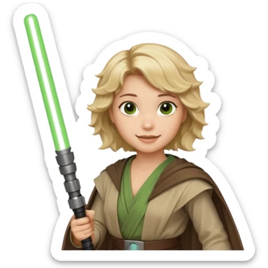 Young jedi with sandy blonde wavy short hair holding a green light saber, he has brown eyes sticker