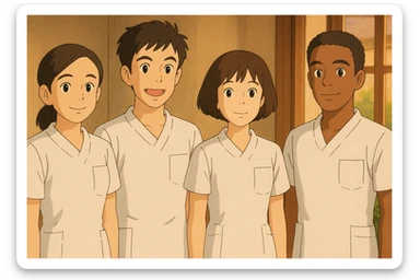 four nursing students standing side by side, inspired by four provided faces, wearing white short-sleeve outfits with V-neck, left chest pocket, no collar, no undershirt, no stethoscope, warm indoor ambiance, Ghibli style sticker
