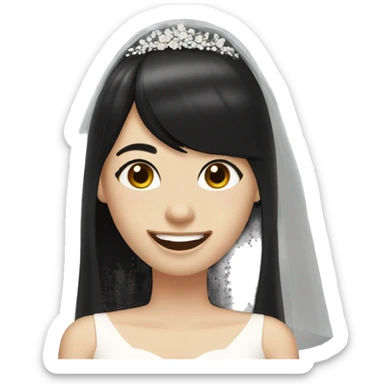 bride with very pale skin dark brown straight very short hair black dress and bangs laughing with veil sticker