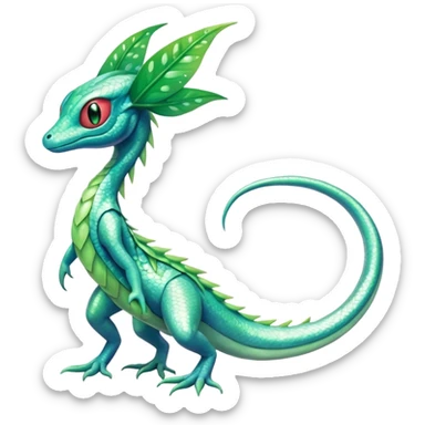 Sparkly White And Green Natural Flowery Colorful Grovyle-Salandit-Celebi-Fakémon-hybrid-creature (full body)  sticker