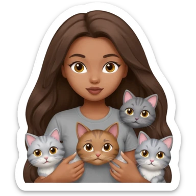 a pretty bratz dusky girl with long brown hair with six cats nd wearing a grey tshirt sticker