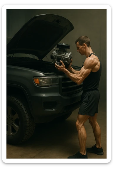 a lean, slimmed-down bodybuilder in gym clothes stands beside a large, imposing car (like an SUV or luxury sedan) with the hood open. Con attenzione e un po’ di fatica, solleva e installa un piccolo motore nel grande vano motore dell’auto. Il contrasto tra la stazza dell’auto e la dimensione ridotta sia del motore che del bodybuilder è evidente. L’atmosfera è riflessiva e simbolica. sticker