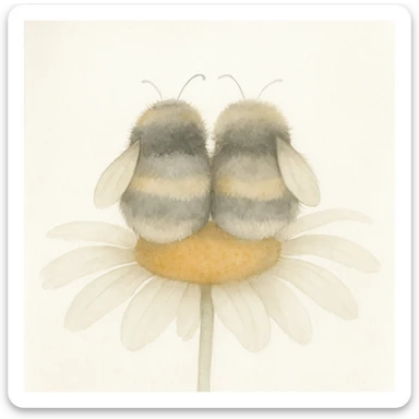 Two fluffy bumblebees sitting side by side on a daisy, viewed from behind, each bumblebee with only one wing visible, bright saturated colors, watercolor illustration in a children's book illustration style, light background. sticker