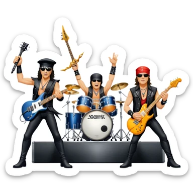 Icon for Rock Music: Scorpions live concert on stage with electric guitars, drums, and a powerful spotlight. Klaus Meine at the microphone, Rudolf Schenker and Matthias Jabs playing guitars, dynamic stage presence, and electric energy. Transparent background. sticker