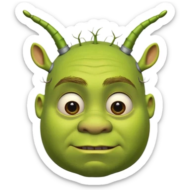 Shrek avec deux petites antennes-oreilles cylindriques plantées de chaque côté de la tête : elles sont courtes, épaisses, avec une ouverture ronde à l’extrémité.
 sticker