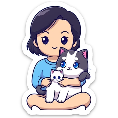 Cute Asian girl with black hair cradling a fluffy ragdoll cat with blue eyes sticker