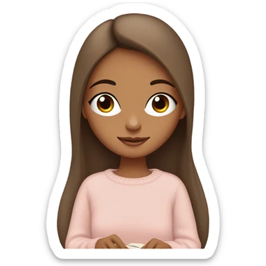 Pretty brown eyed tan girl with light pink sweater reading cozy sticker