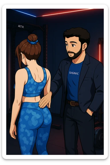 ispirati a questo stile di disegno e fai questa immagine in versione manga/webtoon a colori, il manga mostra la donna di spalle, mentre l'uomo le tocca la spina dorsale per spiegarle come funziona la scoliosi:
Con una scoliosi il baricentro corporeo cade maggiormente da un lato; per non cadere la schiena compensa accumulando tensione sul fianco opposto.
Il risultato? Si inclina e ruota sempre più, fino a che non cede (discopatie, artrosi, ecc) sticker