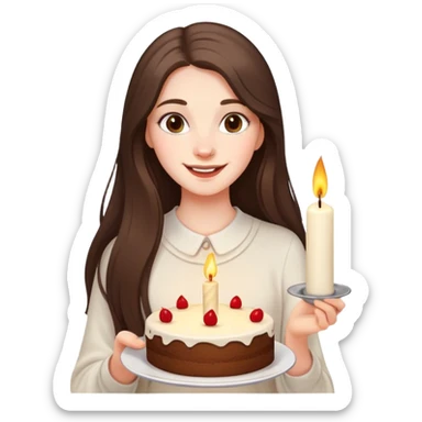 happy beautiful pale brunette girl with long hair holding a piece of cake with candle sticker