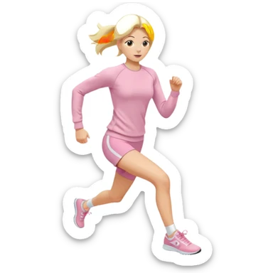 A girl in light pink tight-fitting sportswear, a long-sleeved fitted sweatshirt and shorts is running, her hair is blonde and straight, sneakers are white. sticker