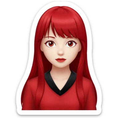 beautiful girl with red velvet long hair and straight bangs, red eyes and red clothes sticker