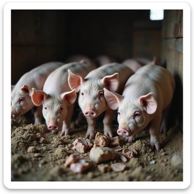 group of pigs in a pigsty, some eating feces and others leftovers, realistic atmosphere, farming details, 4K quality sticker