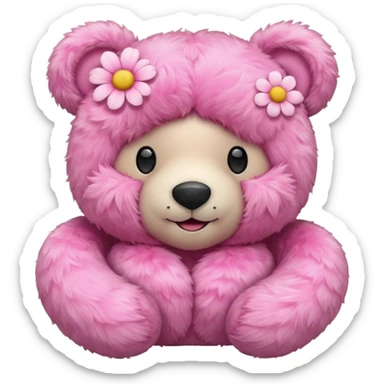 pink teddy bear with a flower-patterned neck pillow, friendly expression sticker