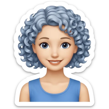 silver, short, wavy-haired with curls, smiling pretty lady, blue top,

 sticker