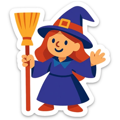 friendly witch with classic witch hat and broom, colorful, cartoon style sticker