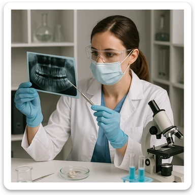dental hygienist as a researcher, examining dental x-rays or samples, with research tools sticker