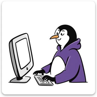 A hand-drawn penguin wearing a purple hoodie typing enthusiastically on a computer keyboard sticker