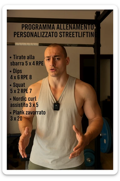 Uomo che crea un programma personalizzato per un suo cliente, sullo streetlifting, tutto in italiano sticker