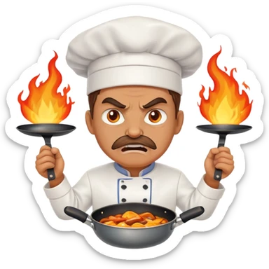 angry chef with flames in eyes, confidently crossing two frying pans across chest sticker