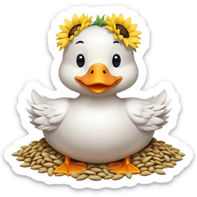 a happy duck with a pile of sunflower seeds sticker