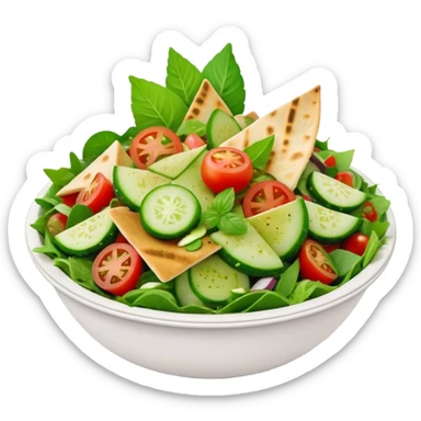 Cinematic Realistic Fattoush Salad Dish Emoji, depicted as a colorful medley of greens, tomatoes, cucumbers, and crispy pita rendered with vibrant textures and refreshing lighting. sticker