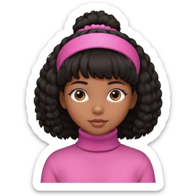 black fluffy haired girl with pink turtleneck sweater and hair band sticker