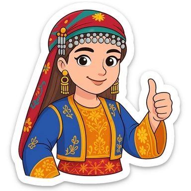 Kurdish cartoon sticker of the same woman in the new dress, giving a thumbs up, confident and supportive, no text, transparent background sticker