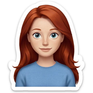 woman with long dark auburn red hair that is mostly straight but has slight waves to it. grey blue eyes. some freckles. wearing a Swedish style sweater that is neutral. smiling.  sticker