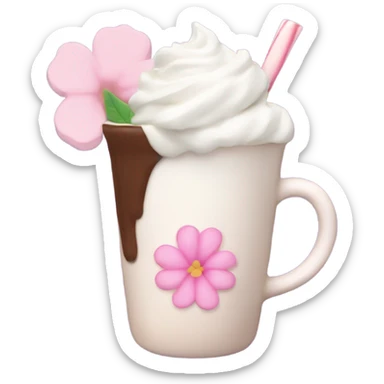 Hot chocolate with pale pink flower and whipped cream sticker