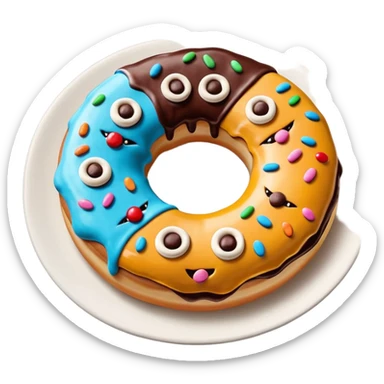 Monster donut with chocolate icing, there are drawn cookies and beautiful icing drawings on a white plate good quality sticker