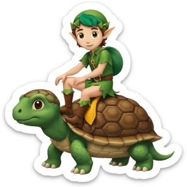 tiny forest elf man brown wavy hair riding a turtoise sticker