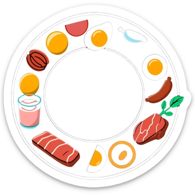 Close-up of glowing muscle fibers only, semi-transparent and pulsating with energy. Protein food icons (meat, egg, beans, tofu, yogurt) orbit around the muscle fibers in a warm energetic circle. sticker