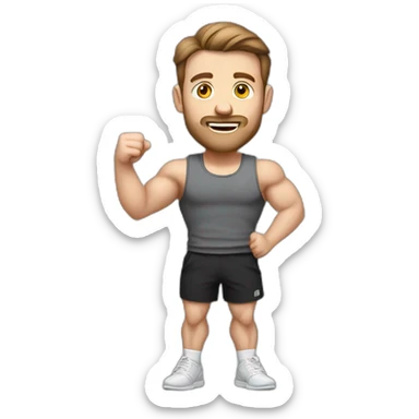 Full height realistic Actively gesturing with hands Pale skinned Fit Man With the biceps and brown hair in dark gray Sleeveless Mike, black oversize sports shorts, watch and white Sneakers sticker