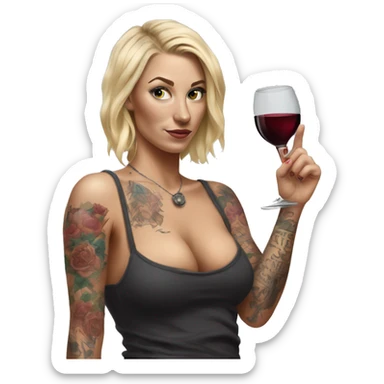 Blonde women in, her body covered with tattoos, wine in her one hand, pointing on you with her other hand , Hyper realistic  sticker