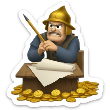 middle ages taxman, angry, writing on a paper, pile of gold sticker