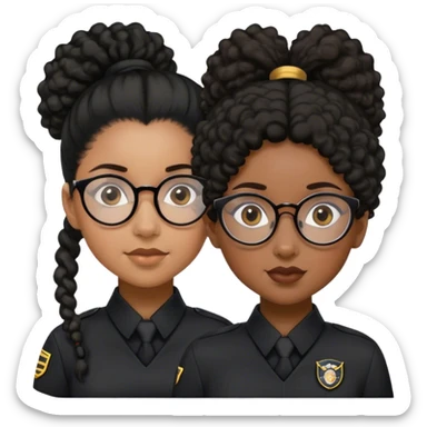 femme pilote d'avion en uniforme noir aux cheveux bouclés noir et petites lunettes arrondis identique avec des cheveux très long et la peau noir mais légèrement plus claire avec les cheveux attachés in a ponytail 1 seule personne, cheveux moins épais  sticker